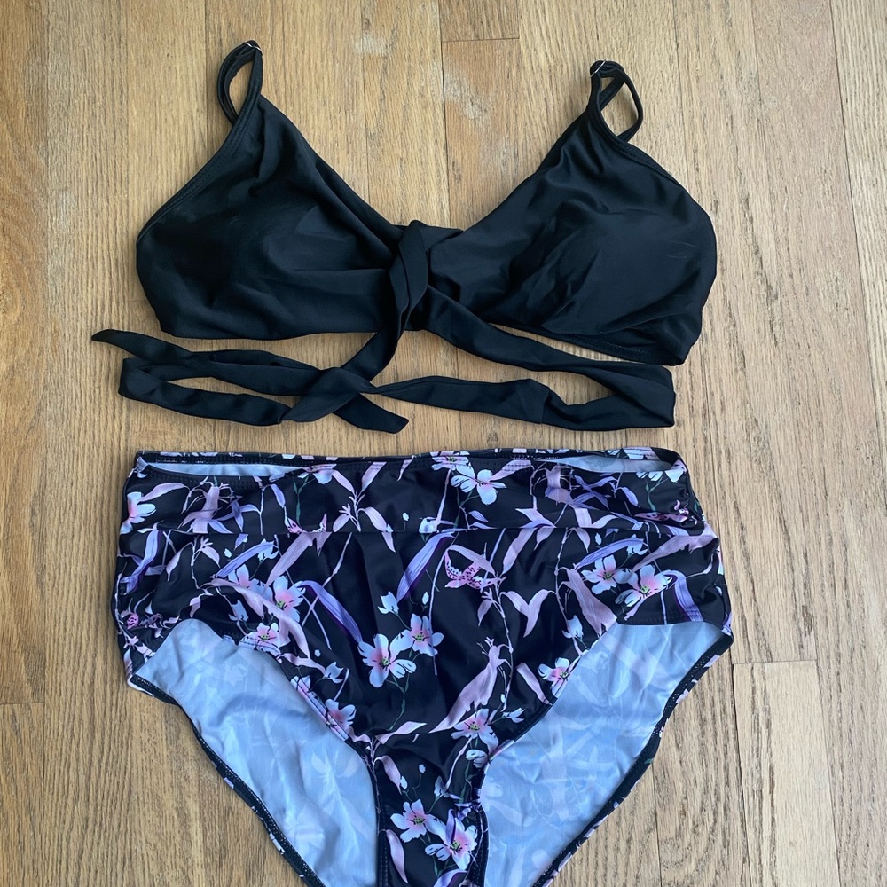 SHEIN Black Floral Two-Piece Bikini Set